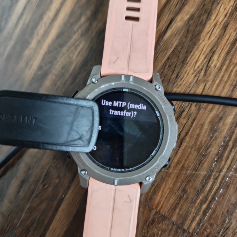 The watch asking: Use MTP (media transfer)? Choose Yes.