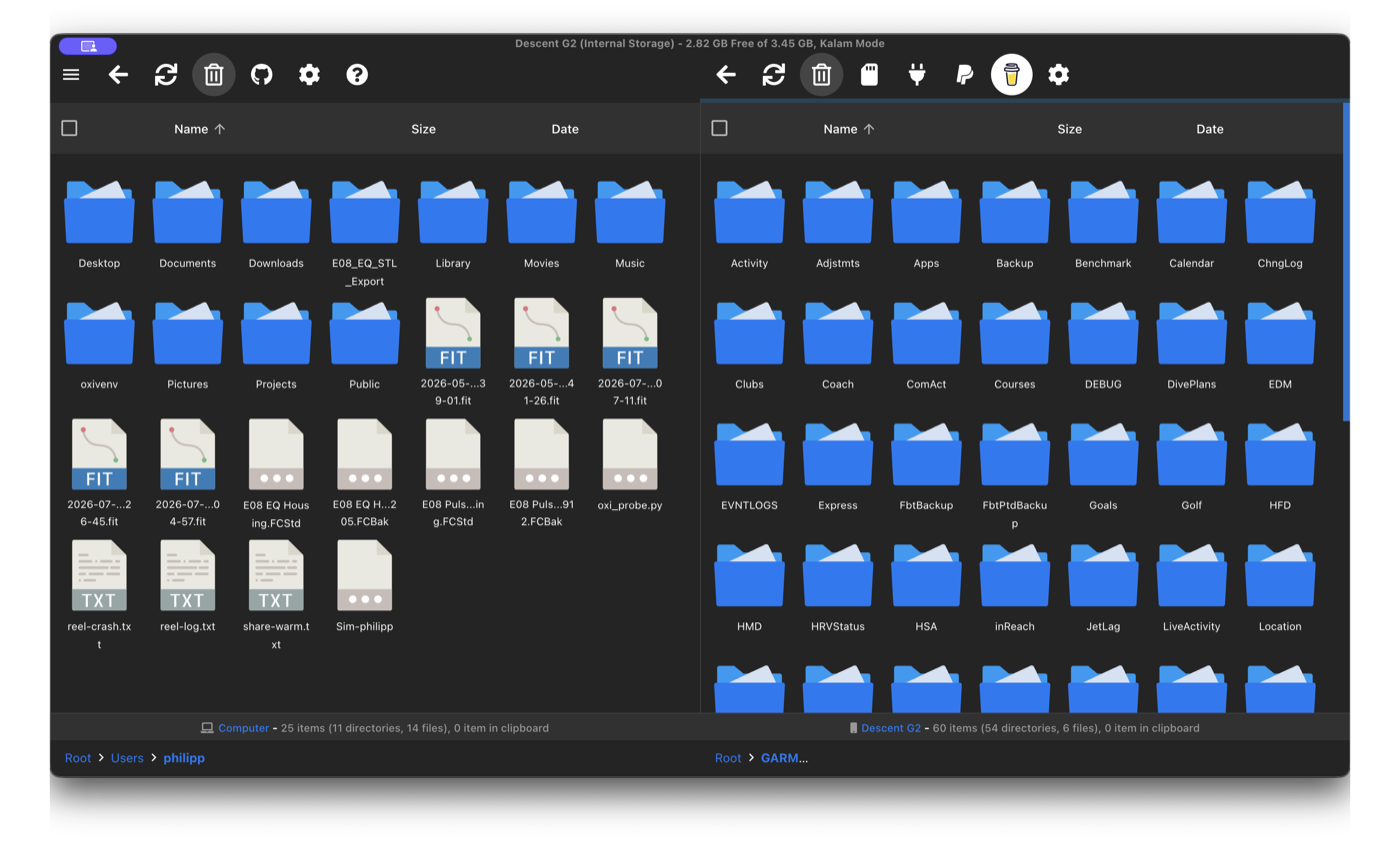 OpenMTP showing the watch's folder list in the right pane.