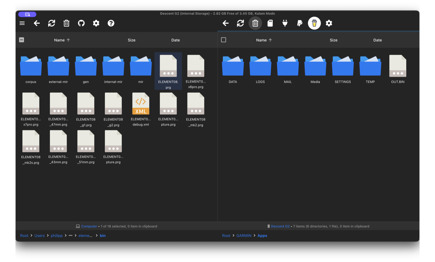 OpenMTP with the .prg file on the left and the watch's Apps folder on the right.